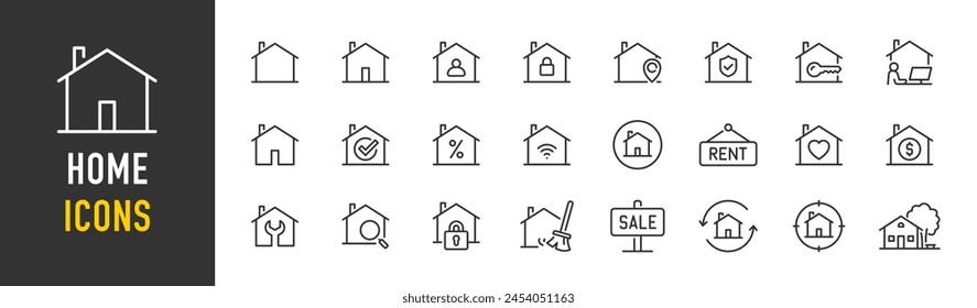 Home web icons in line style. Homepage, house, location, rent, for sale, property, cleaning, key, collection. Vector illustration.