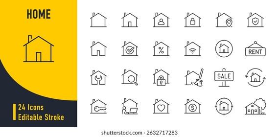 Home web icons in line style. Homepage, house, location, rent, for sale, property, cleaning, key, collection. Vector illustration.