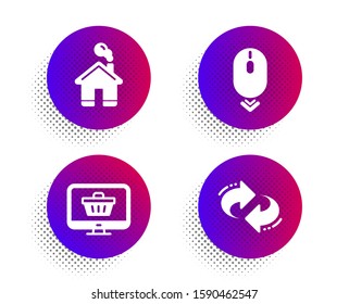 Home, Web shop and Scroll down icons simple set. Halftone dots button. Refresh sign. House building, Shopping cart, Mouse swipe. Rotation. Technology set. Classic flat home icon. Vector