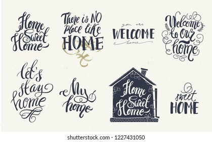 Home and welcome decor quotes signs set isolated on white background. Hand-lettering, rustic signs.