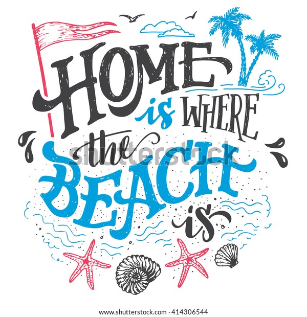 家は浜辺の所だ ビーチハウスのデコール手描きのサイン 素朴な壁のデコールのビーチサイン ビーチサイドコテージの手書き の引用文 白い背景にビンテージタイポグラフィイラスト分離 のベクター画像素材 ロイヤリティフリー
