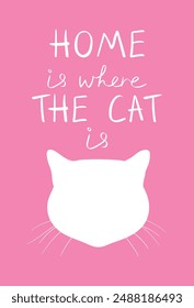 Hogar es donde el gato se cita con la silueta de la cabeza del gato en el fondo rosa. Cita graciosa. Amor a tu mascota. Ilustración vectorial