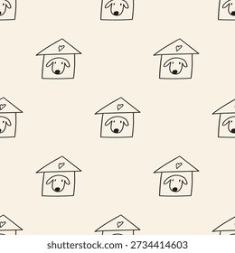 Home is Where the Dog is Seamless Pattern. Dog House and Heart Outline Illustration for Cozy Textiles, Wallpaper and Scrapbooking