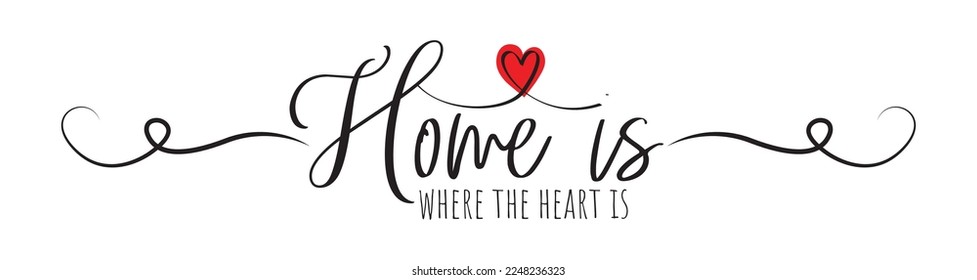 Home Is Where The Heart Is, vector. Family cute quotes isolated on white background. Minimalist typographic poster design. Stencil art design