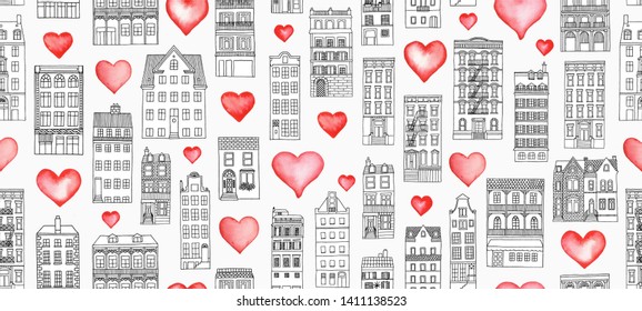 Home is where the heart is - seamless banner with hand drawn houses and watercolor hearts