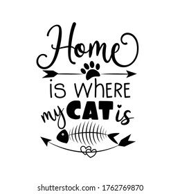 Home is where my cat is- positive saying with paw print, and fishbone.