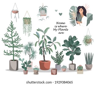 Home is where my plants are poster. Cute house plant pots and baskets, cactuses and succulents, and pretty girl with potted flower. Flat style vector illustration.