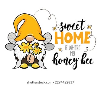 El hogar es donde mi dulce abeja - ilustración moderna del gnomo dibujada a mano. Perfecto para publicidad, afiche, anuncio o tarjeta de felicitación. Hermoso gnomo con traje de abeja.