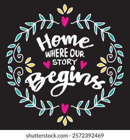 Home where our story begins. Inspirational quote. Hand drawn lettering. Vector illustration