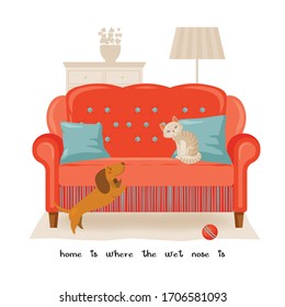 Home is where the wet nose is. Illustration with funny dachshund and cat