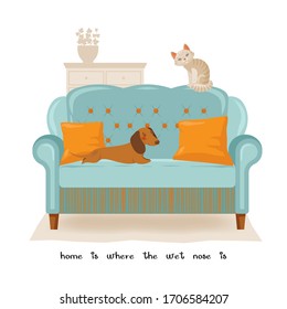 Home is where the wet nose is. Illustration with funny dachshund and cat