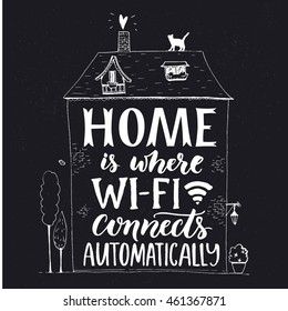 Home is where wifi connects automatically. Fun phrase about internet. Chalk lettering in hand drawn house with cat and trees on blackboard background.