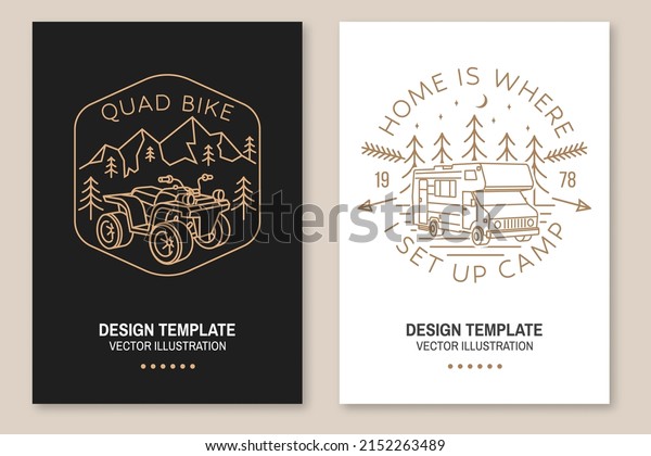 Home is where\
you set up camp. Summer camp. Vector. Line art flyer, brochure,\
banner, poster design with camper trailer and forest silhouette.\
Quad bike club. Summer\
camp.