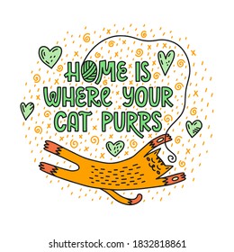 Home is where your cat purrs - vector doodle illustration with hand lettering, cat and hearts. Template for printing, social media and web