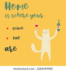 Casa es donde están tu gato y tu vino, afiche de bar divertido, animal doméstico, afiche de letras divertidas para restaurantes, bares, diseño de huellas de ropa