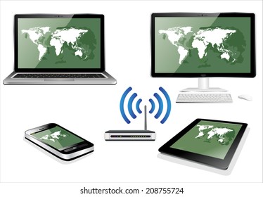 Home wifi network. Internet via router on pc, phone, laptop and tablet pc.