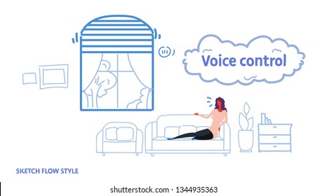home window curtains controlled by woman sitting on couch 
