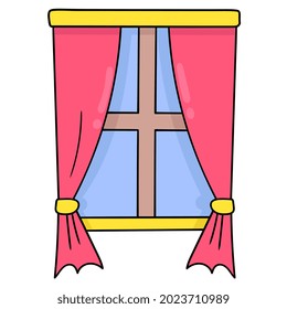 home window interior with beautiful curtains. doodle icon drawing. vector illustration draw