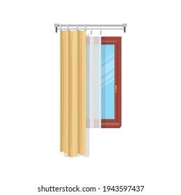 Home window with silk tulle and shades isolated curtains house interior decor. Vector draperies window treatments design. Tab top and sash curtains on metal cornice, modern clothing on windows