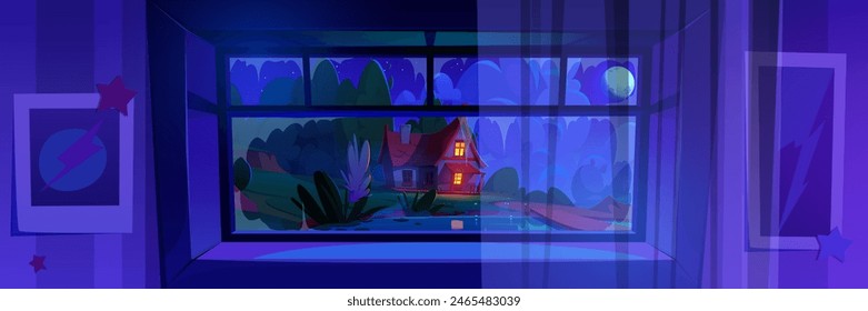 Home window view on outside night house landscape illustration. Summer time in evening or nighttime with building on swamp scenery. Forest countryside for dark Halloween panoramic background