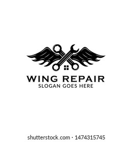 home, wing and screwdriver logo template. black  color. isolated white background. 