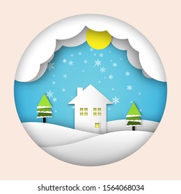 Home in winter with cloud, snow flake   and yellow moon, Christmas paper cut decoration background