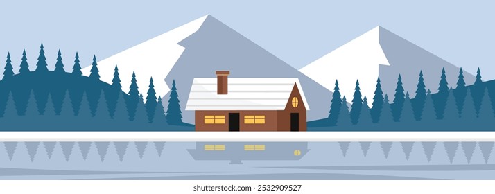 Home in the winter hill. Home beside the river and mountain. Mountain in the winter season. Winter landscape.