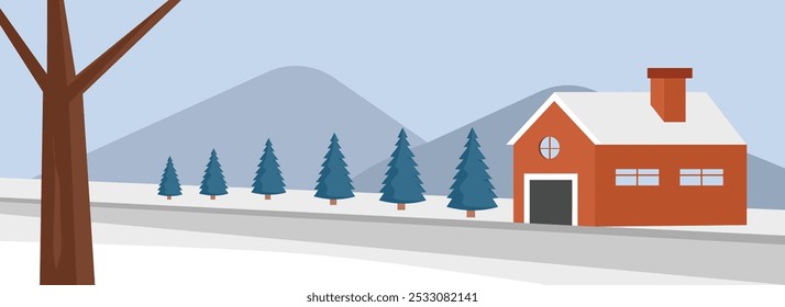 Home in the winter season. Winter scenery. Winer landscape. Winter tree. Winter home.