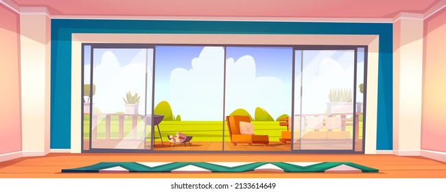 Home wooden terrace, bbq area at green lawn view through glass door. Outdoor patio with sofa, armchair, barbeque machine, wood banister at scenery landscape background, Cartoon vector illustration