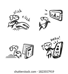 Icons für Heimarbeit. Vektordesign-Illustration. Telefonieren, Video ansehen, ein Buch lesen, an einem Computer arbeiten.