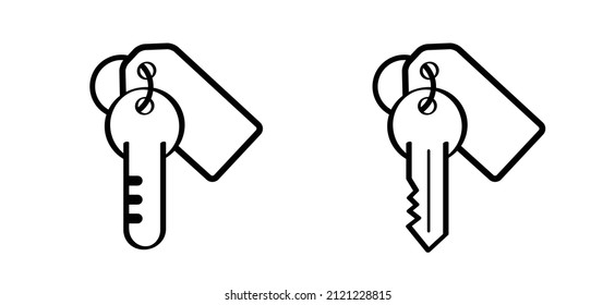 Home, work or car keys. Supporting, Cartoon, comic valet key icon or logo for parking. Line pattern. Car rental or sale concep or new home. Real estate key and empty label.