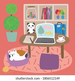 Home work, cat, coffee illustration.