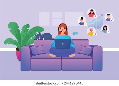 Home work concept girl wearing headphones sitting on the sofa. Remote work illustration concept, customer service flat illustration