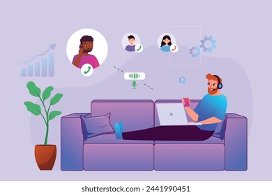 Hombre de concepto de trabajo en casa en los auriculares sentados en el sofá con el ordenador portátil. Concepto de ilustración de trabajo remoto, ilustración plana de servicio al cliente