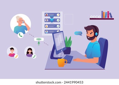Home work concept. A man wearing headphones sits at a table and works as an operator, communicating with an elderly man, answering calls in a call center.