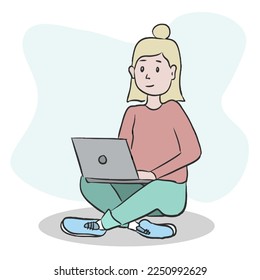 Home from work concept. Young woman working in home, sitting with laptop. Student or freelancer.