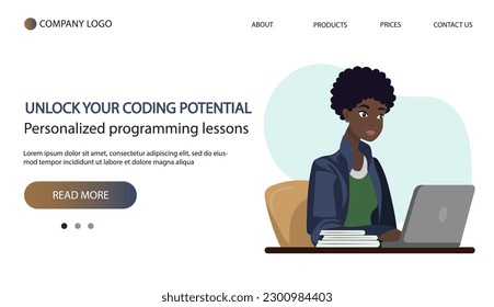Home from work and education concept. Young woman working in home, sitting with laptop. Student or freelancer. Web page banner	