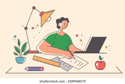 Home work education online study on office desk line art drawing abstract concept. Vector graphic design illustration
