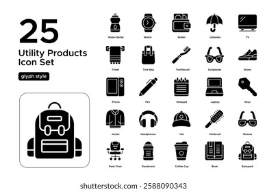 Home and Work Essentials. Daily Use Items, Technology, and Personal Accessories. Vector Illustration. Glyph solid icon set