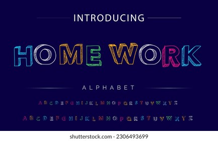 Home Work Funky colorful cartoon font type. Vector alphabet