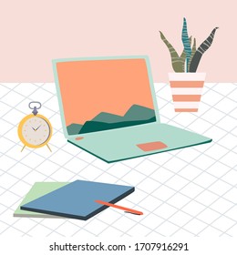 Home work with laptop or computer, freelance or online business, distance learning. two notebook, pen, home decor clock, plant. Stay at home and have distance and isolation