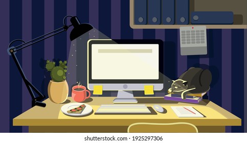 Home work place with cat. Vector illustration.