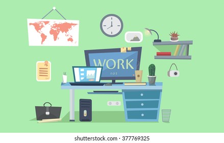 Home Work place. Designer work-space, desk with computer. Flat design interior concept  . Study at  workplace.