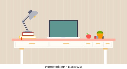 Home work place. Flat vector set with laptop, collapsible lamp, indoor flower and books illustration.