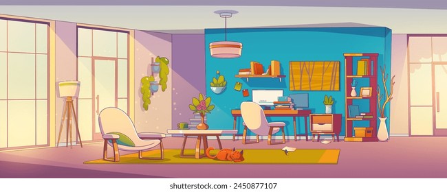 Home work space interior. Office desk in flat design background. Computer, modern furniture and monitor for indoor workplace with window. Empty freelance or study house organization with cat and decor