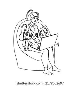 Home Work Stress Mother Vector. Family Child, Parent Computer, Laptop Mom Office, Busy Tired Quarantine Home Work Stress Mother Character. People Black Line Pencil Drawing Vector Illustration