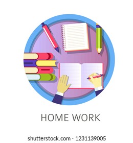 Home work student writing in textbook, studying from books and obtaining knowledge vector. Pupils loaded with notebooks and school supplies. Busy people at workplace solving problems composing text