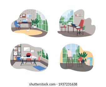 Home work studio 2D vector web banner, poster set. Freelancer office. Artist space. Contemporary flat interior on cartoon background. Workspace printable patch, colorful web element pack 