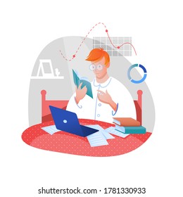 Home work, study flat vector illustration. Cartoon young student character studying with book and laptop notebook, sitting at desk in home room interior, education isolated on white