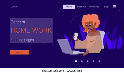 Home work text on violet backdrop. Landing page for website or social banner, remote job vacancy, flyer, info card, labor exchange. Web template or info page. Flat style stock vector illustration